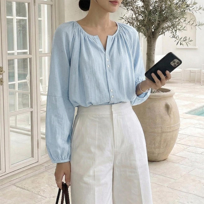 데일리앤 렌느 여리여리 루즈핏 쉬폰 셔링 퍼프 긴팔 여성 블라우스 봄 여름 시스루 셔츠 살안타템