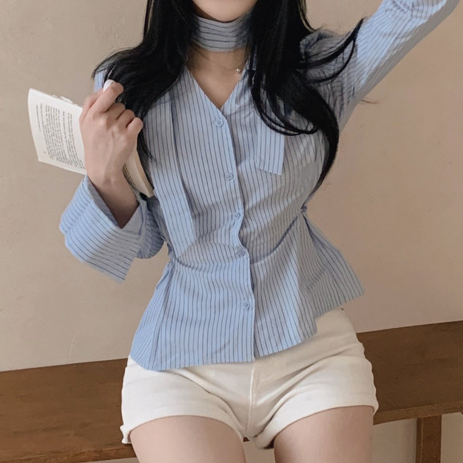 예쁨시전 개강 여신 데이트 봄 가을 핀턱 스트라이프 타이 브이넥 긴팔 셔츠