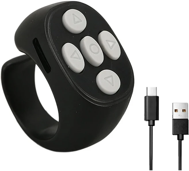TikTok용 Bluetooth 리모컨: Kindle 페이지 터너 및 셀카 비디오 제어 – iPhone/iPad/iOS/Android용 스크롤, 01 Black no Charging Ca
