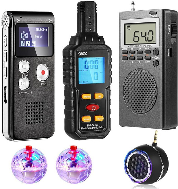 Grinsvalley 6피스 유령 사냥 장비 키트 고스트 헌팅 박스 1 Emf 미터 1 디지털 음성 녹음기 2 LED 볼 1 스피커 초자연적 인 장비 도구 초자연적 조사 EV, Grinsvalley 6피스 유령 사냥 장비 키트 고스