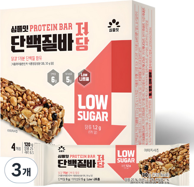 심플잇 단백질바 저당 4p, 120g, 3개