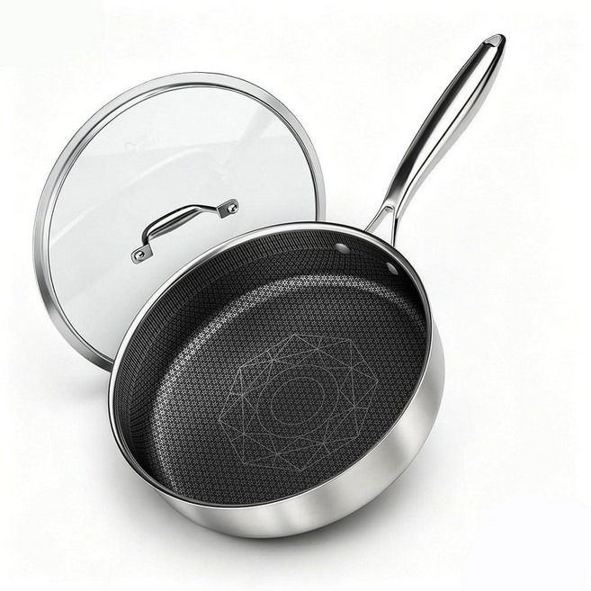 COOKER KING 뚜껑이 있는 3.6쿼트 하이브리드 스테인리스 스틸 소테 팬 25.4cm 10인치 3중 클래드 딥 프라이팬 계란 케이크 해산물 인덕션 호환 오븐 식기세척기, 3.6QT