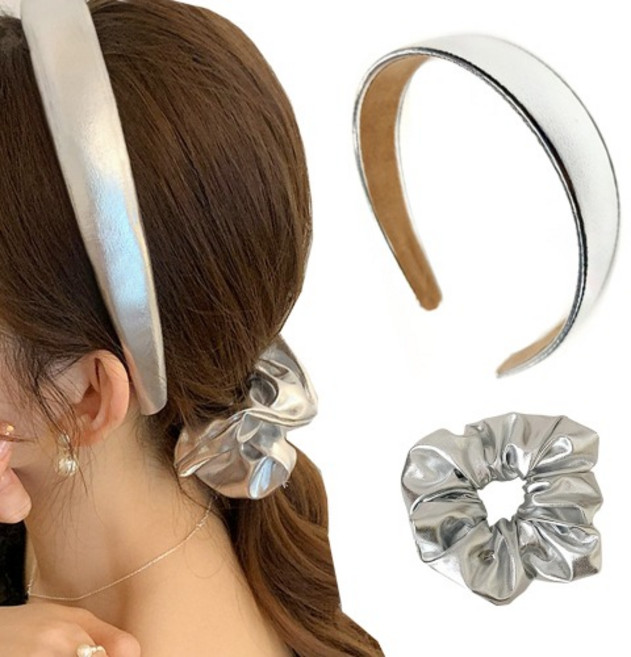 2개) S2 실버 메탈 헤어 머리띠 스크런치 실버 곱창밴드 여성 헤어악세사리 똥머리 머리끈 머리띠