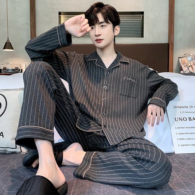 BAJAOEY(바자오이)남성 순면 잠옷 세트 프리미엄 패션 줄무늬 긴팔 홈웨어