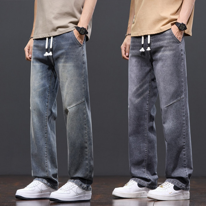 wassup 남자 밴딩청바지 여름용 얇은 와이드 일자핏 남자 바지