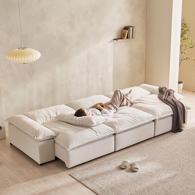 장인가구 하온 4인 전동 슬라이딩 리클라이너 슬라이드 플랫 모션 소파 베드, 아이보리