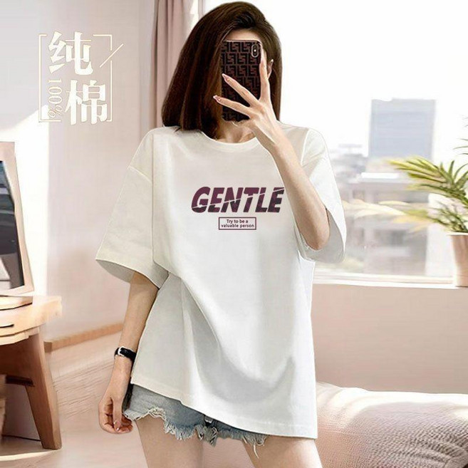 100%純棉圓領短袖T恤女 夏季薄款寬鬆顯瘦大碼印花上衣