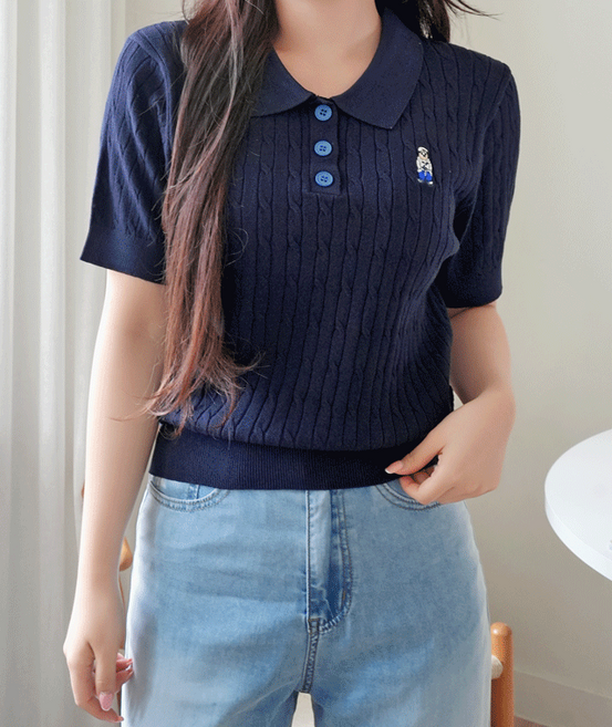 키키코 여름 꽈배기곰자수반팔니트