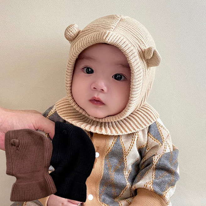 [KC인증]아기 바라클라바 모자 곰돌이 베어 겨울 니트 일체형