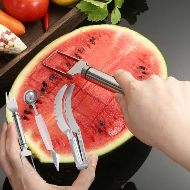 바이너리하우스 3종 수박칼 슬라이서 스푼 컷팅 포크 과일 깍둑썰기, 1개, 상세페이지 참조