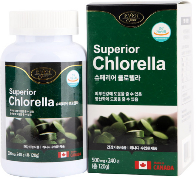 캐나다 슈페리어 클로렐라 피부 건강 항산화 도움 줄 수 있음 엽록소 26mg 건강기능식품 식약처 인정 크로레라 대용량 여성 남성, 2개, 240정, 240정