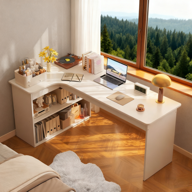 YAPOGI L형 수납형 컴퓨터 책상 1인용 코너 데스크 학생 공부 책장세트 원룸 사무용, 왼쪽, 흰색