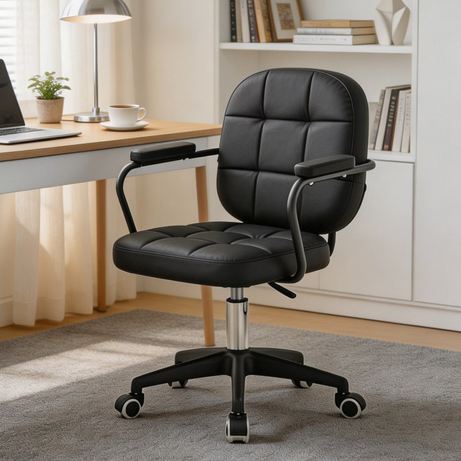 컴퓨터 의자 PU 가죽 회전 의자 높이조절 편한 사무용 학생 책상의자 인테리어 디자인 의자 추천, 블랙
