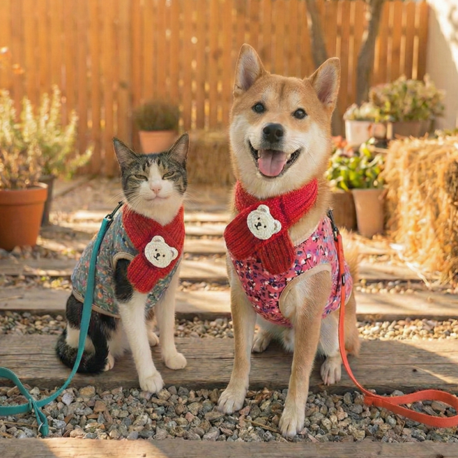 댕냥 강아지 김장조끼 하네스 곰도리 목도리 세트, 1개, 곰도리 목도리 + 꽃하늘 조끼