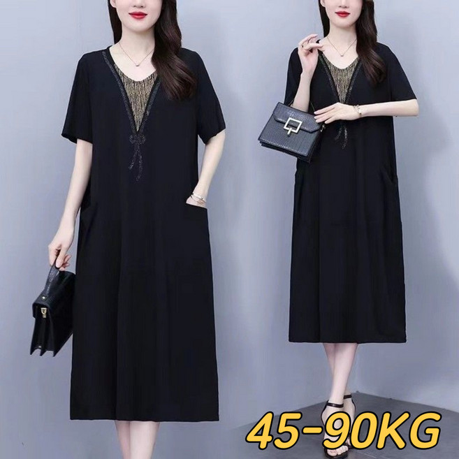 중년여성의류 오버핏 롱 원피스 여름 편안한 브이넥 반팔 원피스 엄마옷 빅사이즈 50대60대