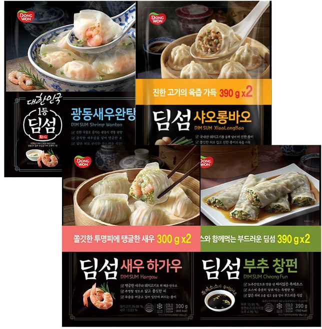 동원 딤섬 새우하가우 300g 2봉 + 부추창펀 390g 2봉 + 샤오롱바오 390g 2봉 + 딤섬 새우완탕 294g x1개