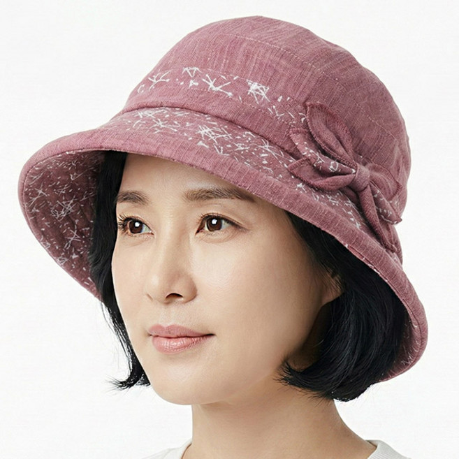 베이직엠 중년 여성 봄 여름 모자 벙거지 둥근챙 패턴 사이드리본