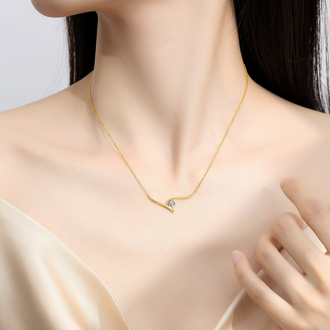여자 14/18K 골드 곡선형 원 다이아 펜던트 목걸이 여자 심플 데일리 목걸이