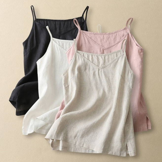 은창]린넨 혼방 레이어드 베이직 끈나시 상의 민소매 이너 여름 나시티 빅사이즈 루즈핏 여성 티셔츠 비치