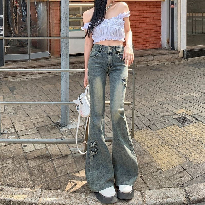 梨卡 高腰復古刷白彈性喇叭牛仔褲 S-XL 顯瘦美式風格
