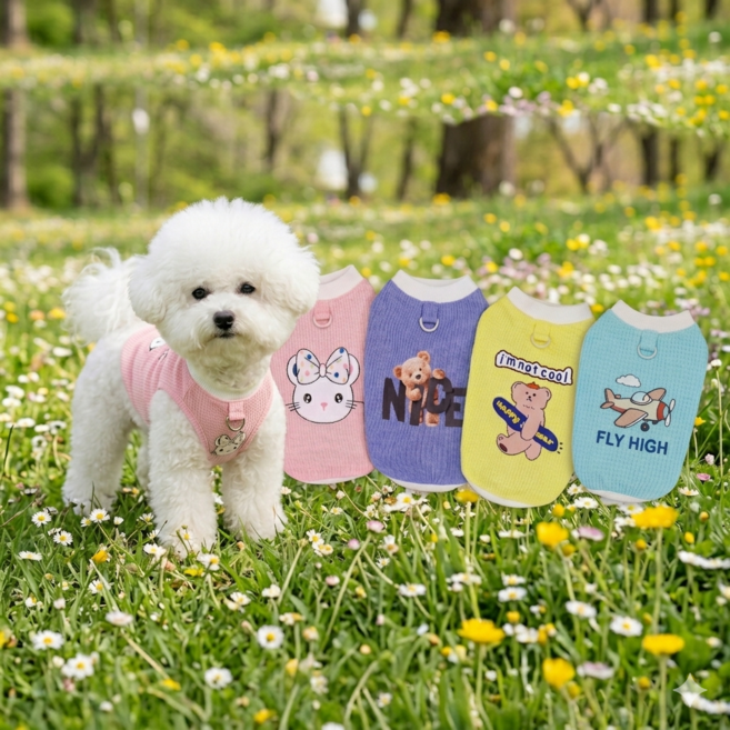 퍼피누 봄 여름 강아지옷 파스텔톤 귀여운 캐릭터 하네스 티셔츠, 1개, 라이트 옐로우