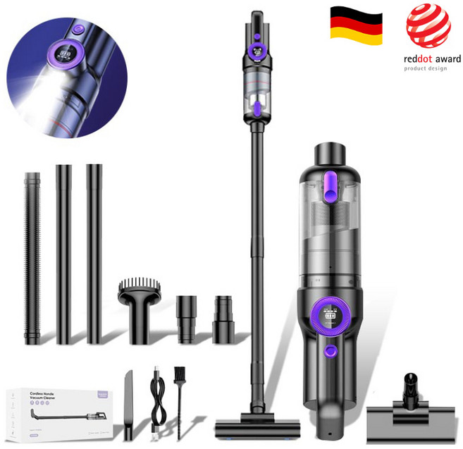 RichMagic 독일 16000pa브러시리스 더블 모터 강흡입력 디지털 디스플레이 LED 가정용 차량용 다용도 멀티 청소기, 흑자주색