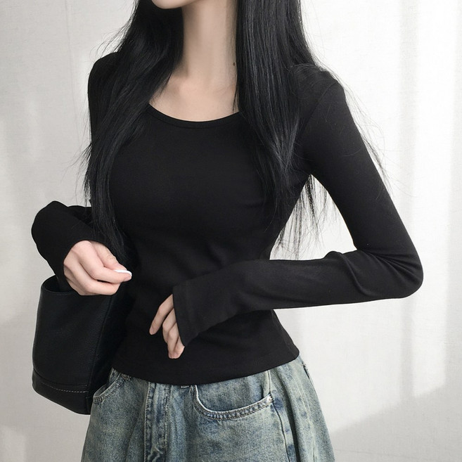 손등덮는 여리핏 코튼 유넥 기본무지 긴팔티셔츠 3color