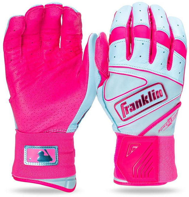 Franklin Sports MLB 배팅 장갑 - 인피니트 파워스트랩 야구 + 소프트볼 배팅 장갑 - 내구성 있는 풀 랩 케이지 연습 장비 - 롱 커프 손목 + 튼튼한 가죽 -, 핑크/캐롤라이나 블루
