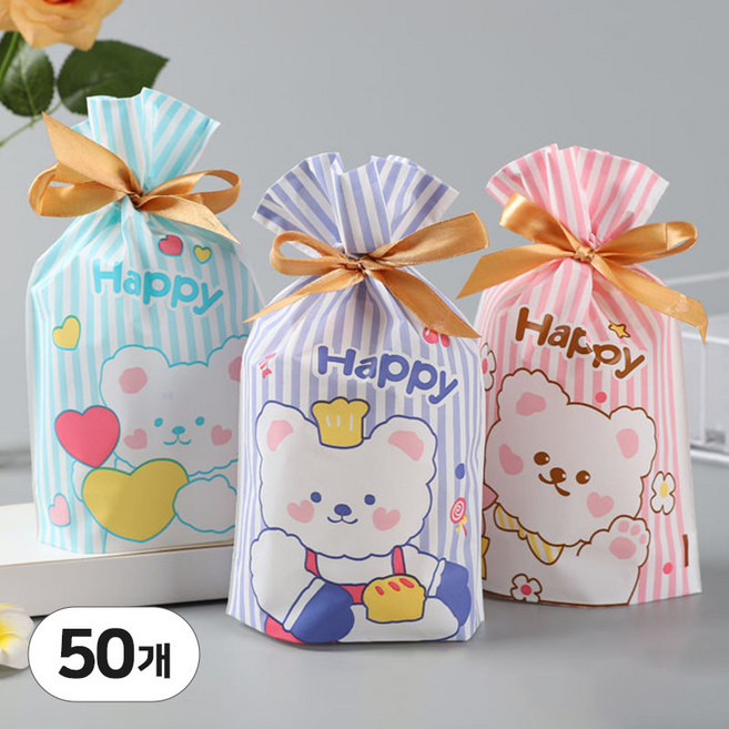 구디백포장지 간식 과자 리본 포장주머니 선물 봉투 비닐백, 곰돌이혼합, 50매