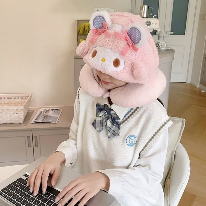 귀여운 카툰 후드 U자 베개 목베개 여행용 휴대용 비행기 베개 경추 베개 낮잠 U자 베개 잠자기 필수 아이템