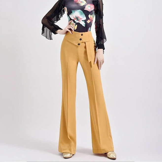 FANSYLI 여성용 라틴댄스 팬츠 패션하이웨스트 와이드 통바지 빅사이즈 단체댄스 팬츠 X2410O28, 엘로우