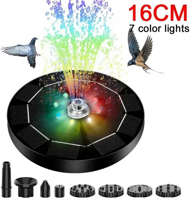 인공분수대 분수 빛 7 색 LED 태양 회전 3W 6 노즐 워터 펌프 야외 조류 목욕 정원, 02) 16CM 7 colors