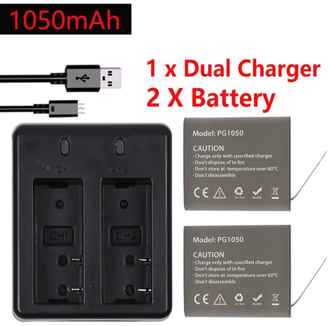 1050mAh SJ4000 배터리 + SJCAM M10 EKEN H9 4K GIT-LB101 용 USB 듀얼 충전기, 03 2 battery 1 charger