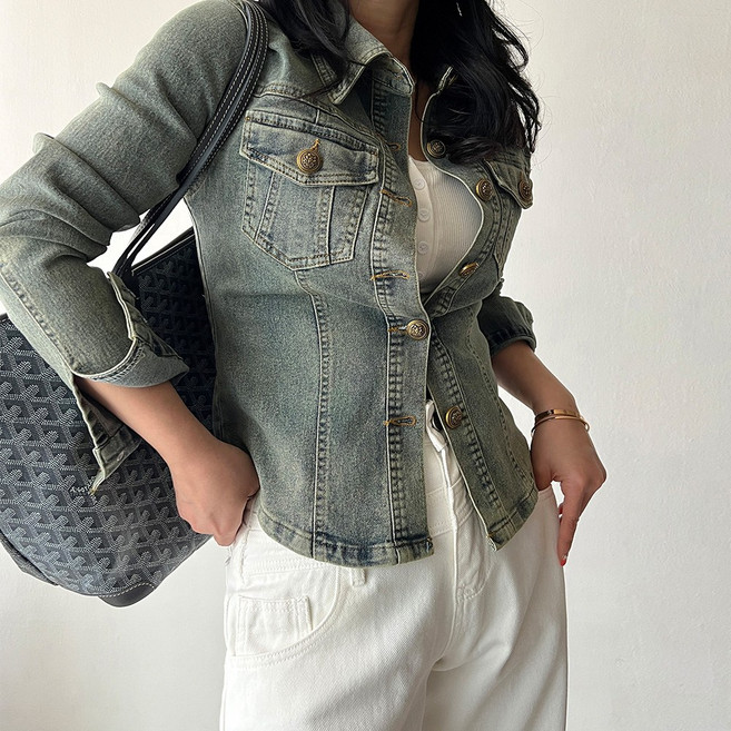 네모엔룩 빈티지슬림 여성용 카라넥 슬림핏 절개라인 앞포켓 클래식버튼 캐주얼 워싱데님 스판 청 자켓