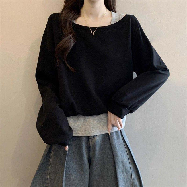 TIMEPURE 여성용 원숄더 긴팔 티셔츠 빅사이즈 페슈도 투피스 숏핏 맨투맨 봄여름 캐주얼 데이트록 오버핏 베이직 슬림핏 상의