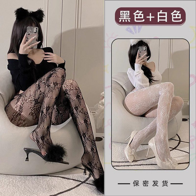 蕾絲花藤鏤空連褲襪 白色薄款, 1個, 仙女白+惡魔黑無敵性感【100-130斤】