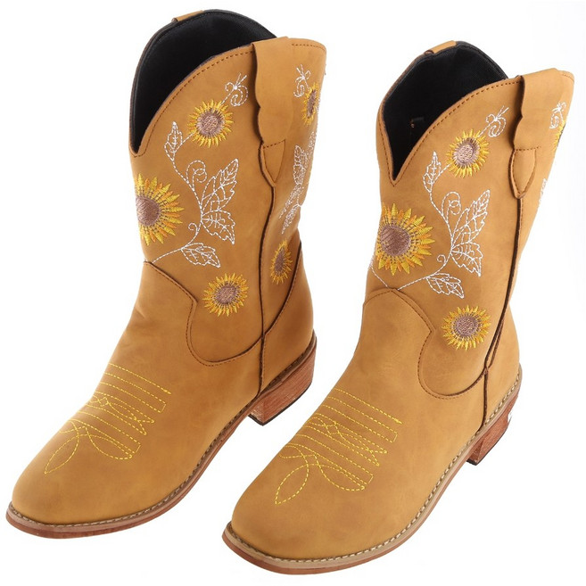 해바라기 카우보이 카우걸 부츠 레트로 서부 청키 힐 미드 송아지 부츠 선물을위한 송아지 부츠