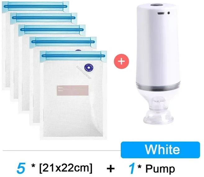 재사용 가능한 진공 식품 저장 지퍼 가방 세트 전기 휴대용 실러 펌프 Sous Vide USB 충전식 BPA 무료, 08 5pcs Bags-Pump set