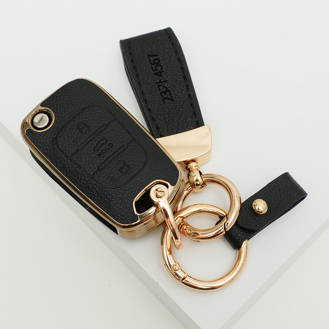 양면각인 현대 호환 I30 YF소나타 아반떼MD 그랜저TG 리모컨 가죽 차키케이스 커버 폴딩 3버튼 키홀더 스트랩, TL10_KH17, 블랙골드