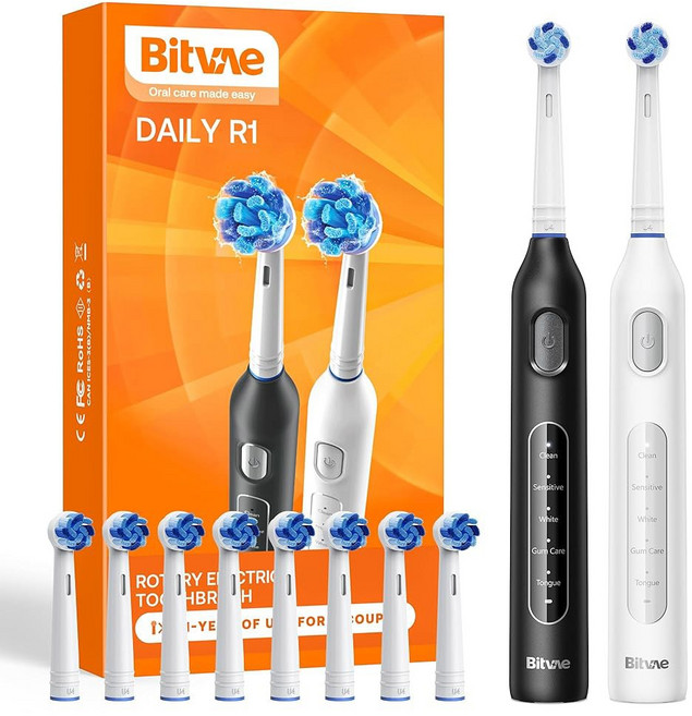 어른과 아이 위한 8개의 브러시 헤드가 비트바 R1 회전 전동 칫솔 60일 배터리 수명 2분 스마트 타이머가 5가지 모드 충전식 블랙, Black & White, ROTARY R1 PACKS, 블랙 & 화이트., 1개