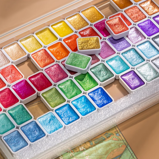 메탈릭 펄 수채화물감 글리터 반짝이 고체물감 캘리그라피 전문가용, 24색, 1ml