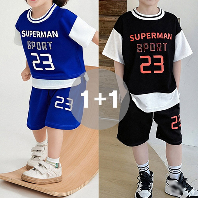 지디오 키즈 남아 여름 스포츠 상하복 2개 세트 반팔 메쉬 티셔츠 밴딩 반바지 트레이닝복 투피스