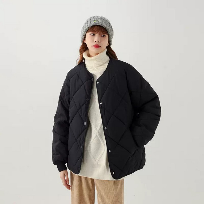 여성 오버핏 누빔 패딩점퍼 볼륨감 노카라 빅사이즈 데일리 점퍼