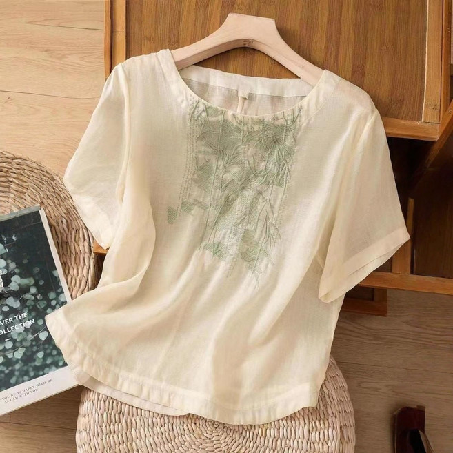 Makone 여성 린넨 반팔 티셔츠 여름 빈티지 루즈핏 가벼운 자수 상의 반팔 블라우스