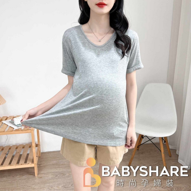 BabyShare 時尚孕婦裝 莫代爾反折袖短袖上衣 孕婦裝【MOS006D1R】舒適透氣