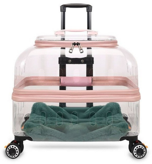 고양이 투명 가방 바퀴 산책 옥희독희 통기성 네모백팩, 연핑크전투명상단개방매트리스포함, 1개