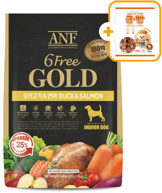 ANF 식스프리골드 인도어 어덜트 강아지사료 + 증정 강아지간식, 1개, 3.6kg, 연어+오리