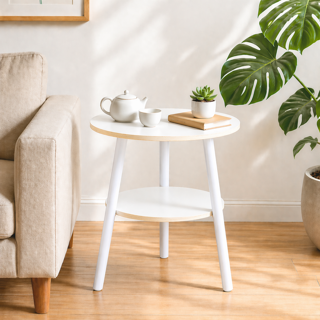 라온프리 원형 미니 침대 협탁, 2단, 화이트