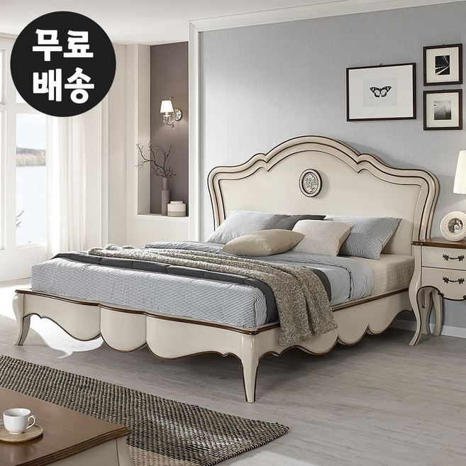 프렌 마호가니원목 침대프레임 엔틱 라지킹사이즈특대형 부부 안방가구(아이보리LK), 아이보리