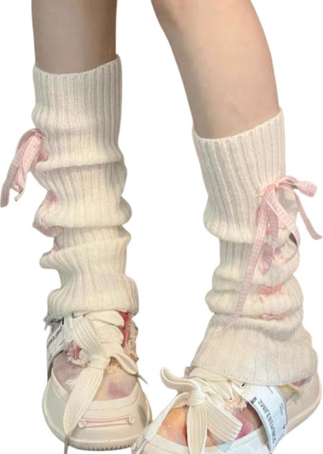 크림색 풀업 양말 파란 체크 리본 장식 소녀감 달콤 귀여워 데일리 패션 운동화 코디 니트 양말